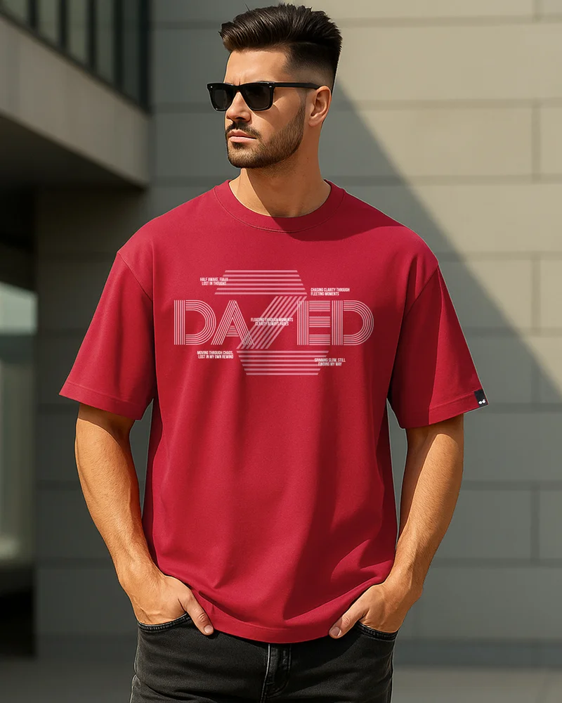 bewakoof Men's Bold Red Dazed Typography Oversized T-shirt